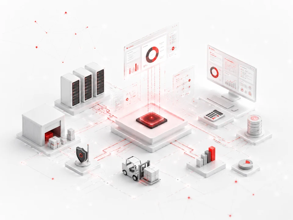 Integrated ERP and business systems architecture illustration with connected data and dashboards
