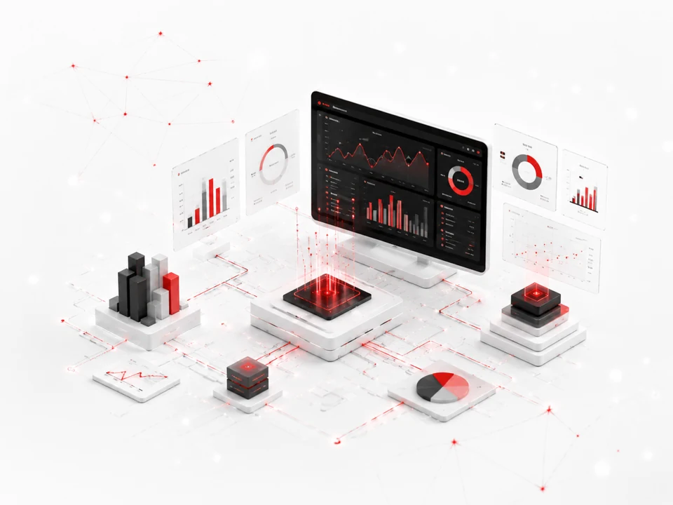 Business intelligence reporting illustration with dashboards, charts and connected data sources