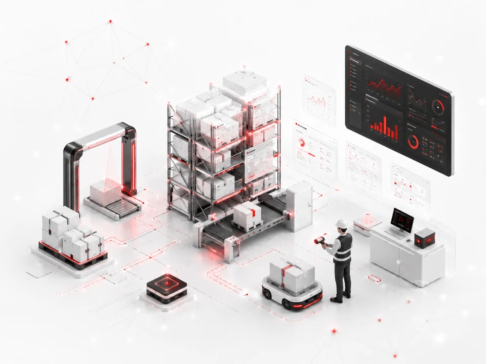 Warehouse management illustration showing inventory, scanning, automation and operational dashboards